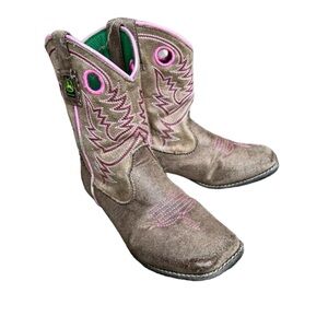 John Deere Western Boots Girls Kids Broad Toe Leather Brown Sz 3